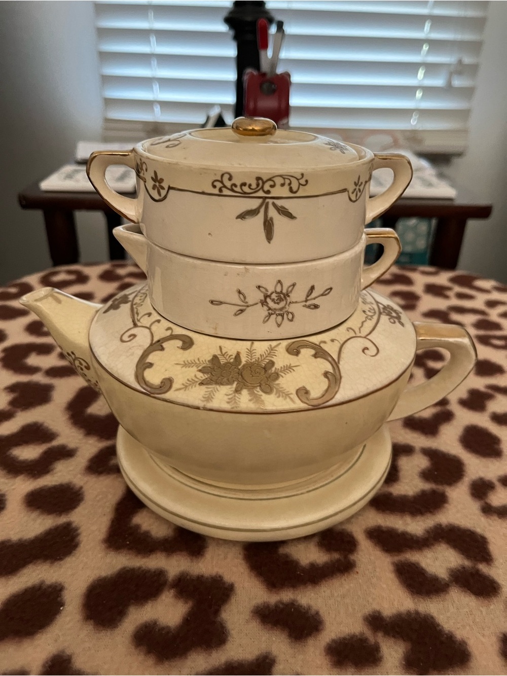 Vintage Noritake Japan Cream and Gold Ceramic Teapot Stack with Lid